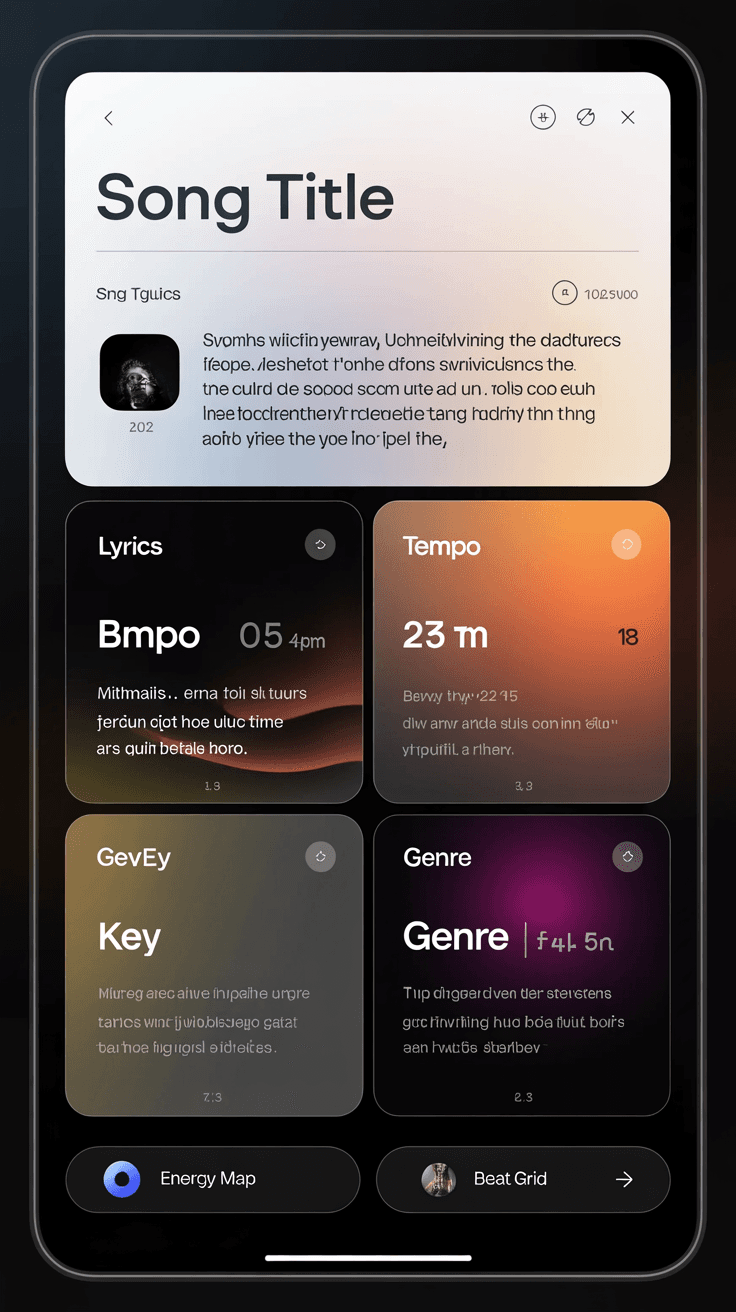 Detailed SongAnalyzerPro result screen with song summary, lyrics, tempo, key, genre, energy map, and beat grid controls